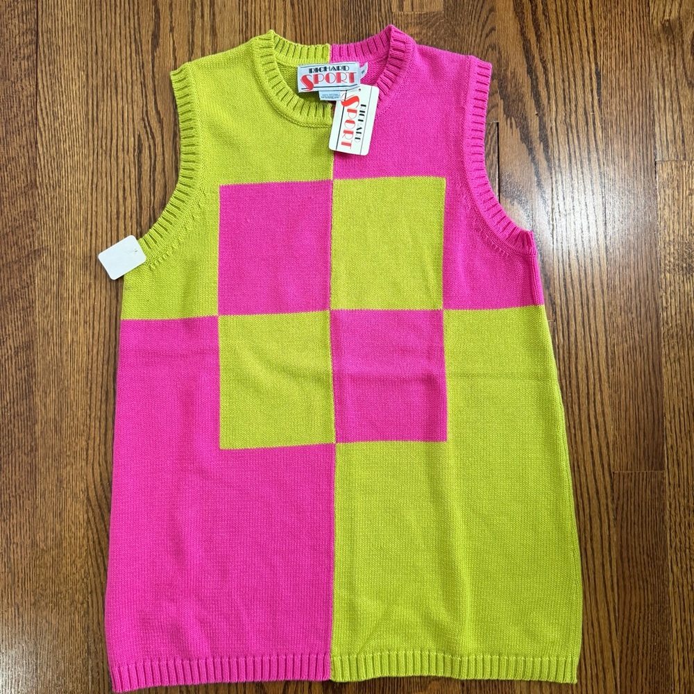 Richard Sport Vintage Pink Green Colorblock Sleeveless Sweater Size Small, NWT